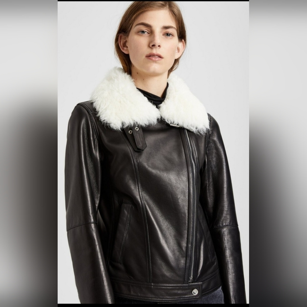 THEORY Women's Black Leather Jacket with Shearling Collar